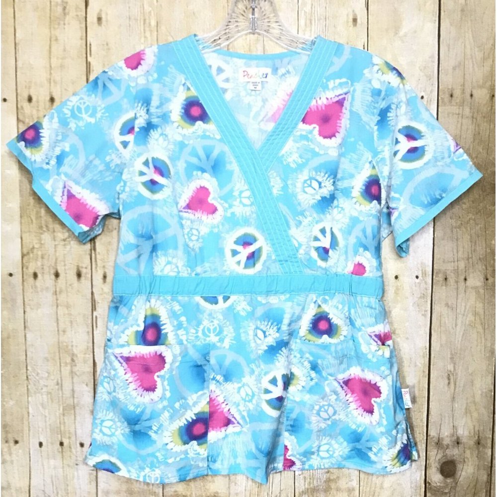 Women's PEACHES Turquoise Heart Peace Sign Uniform Scrub Top Sz M